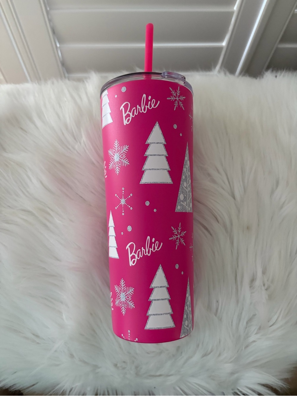 Barbie Hot Pink Holiday Tumbler with Silver Tree Accents